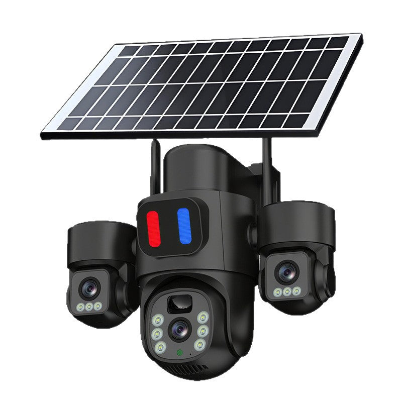 EireGuard Pro 3-Lens Solar Smart Security Camera (Black Edition with Warning Lights)