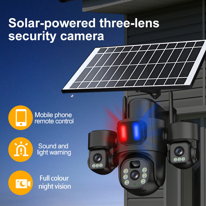 EireGuard Pro 3-Lens Solar Smart Security Camera (Black Edition with Warning Lights)