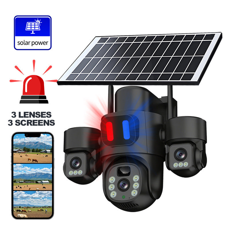 EireGuard Pro 3-Lens Solar Smart Security Camera (Black Edition with Warning Lights)