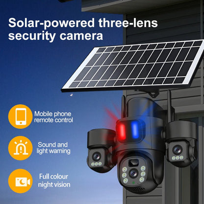 EireGuard Pro 3-Lens Solar Smart Security Camera (Black Edition with Warning Lights) - EireGuard